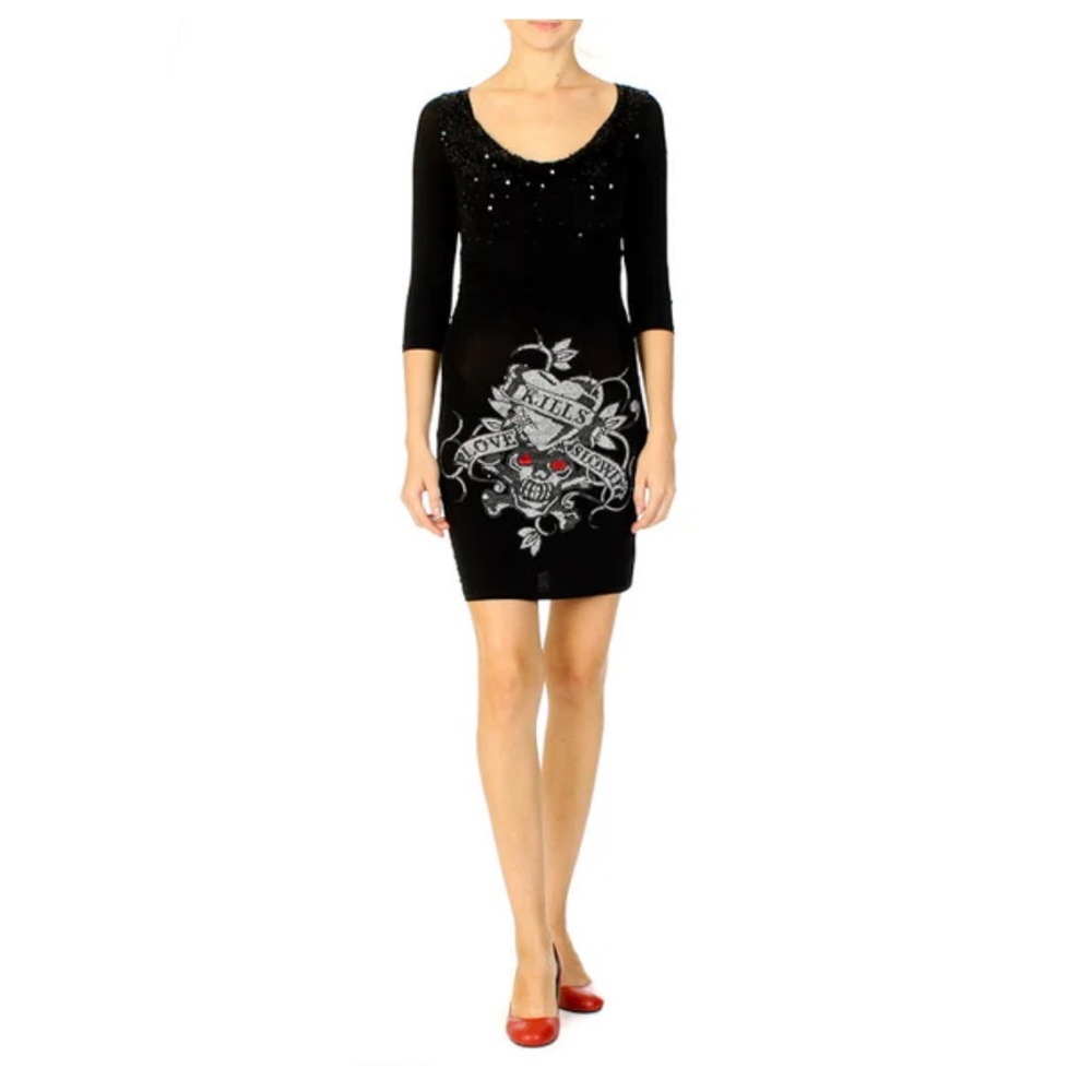 ED HARDY TWINKY LOVE KILLS SLOWLY DRESS in BLACK w RHINESTONES